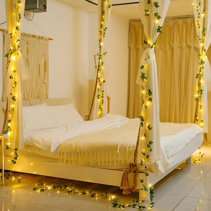 JMEXSUSS 100 LED Vines with Lights Plug in, Ivy Vines with Fairy Lights with Remote, 33 FT Leaf String Lights Waterproof for Room Bedroom Wall Fireplace Decoration（Warm White）