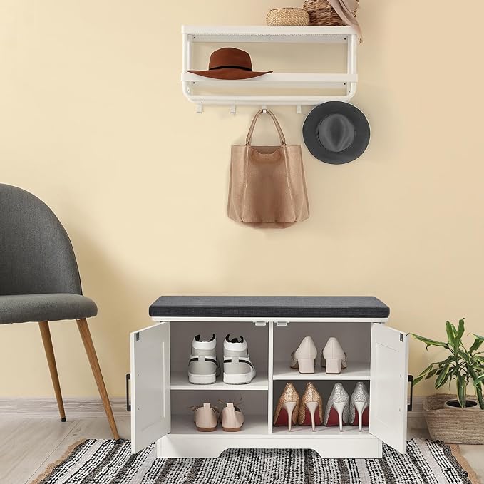 2-Tier Storage Bench, Shoe Bench with Padded Seat Cushion, Entryway Bench with 2 Barn Doors, Adjustable Shelf, 13.8" D x 27.6" W x 17.7" H, for Entryway, Living Room, Bedroom, White