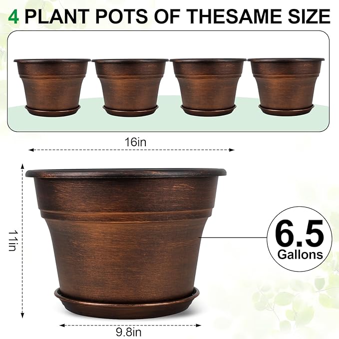 Plant Planters Pots Set of 4 Pack 16 Inch，Large Plastic Flower Pot for Indoor Plants with Drainage Holes & Trays, Resin Decorative Container Sets with Saucer for House Outdoor Garden Plant Copper