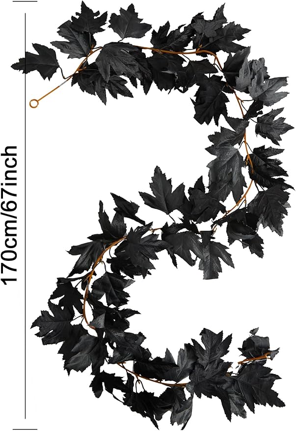 PARTY JOY Black Artificial Maple Leaf Garland - 6PCS 5.6Ft Halloween Decor, Gothic Fall Vines for Front Porch, Thanksgiving Autumn Table Centerpiece & Wall Hanging