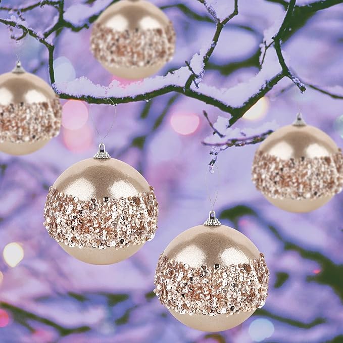 4pc Champagne Shatterproof 4" Christmas Ball Ornaments for Trees, Weddings, Holiday Decor