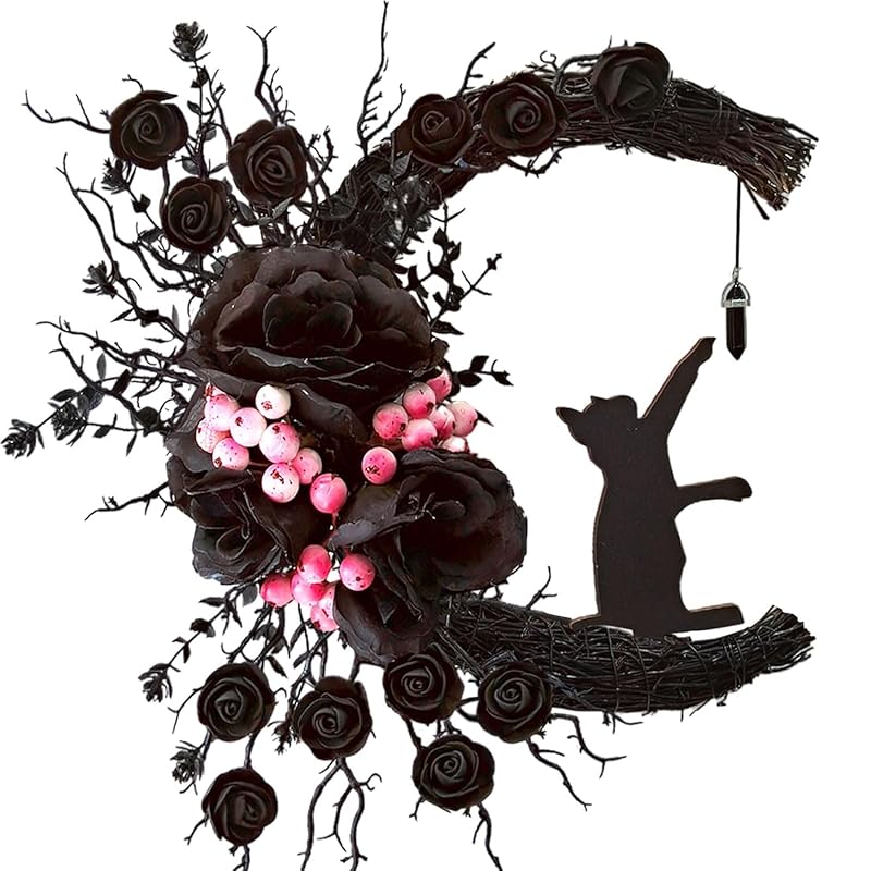 Halloween Wreaths for Front Door with Light, Black Cat on Moon Garland with Rose Wreath Decor, Halloween Decorations Crescent Moon Wreath for Home Party Window Wall Indoor Outdoor (black flower)