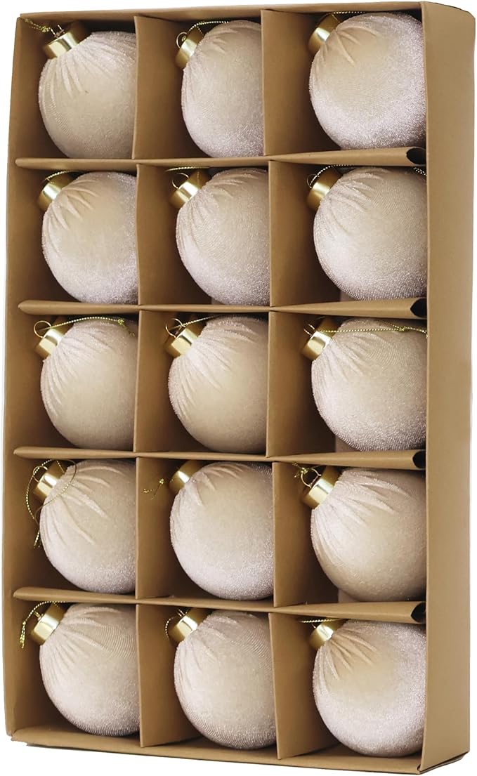 3.15inch Velvet Ornaments for Christmas Tree, 15pcs Flocked Christmas Ornaments Decorations Balls Set Decor Beige