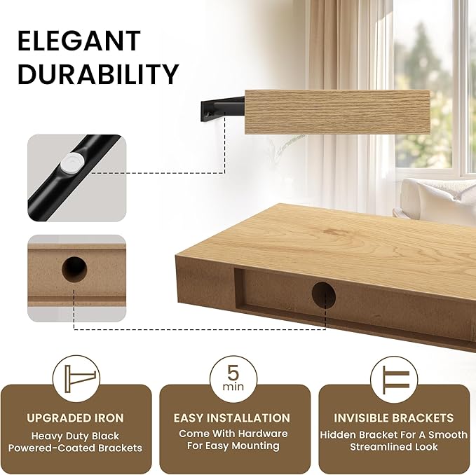 Floating Shelves for Wall, 55"W x 9.3"D x 1.5"H, Long Wooden Wall Mounted Display Shelves with Invisible Brackets for Living Room, Bedroom, Bathroom, Kitchen Decor and Storage, Set of 1, Oak