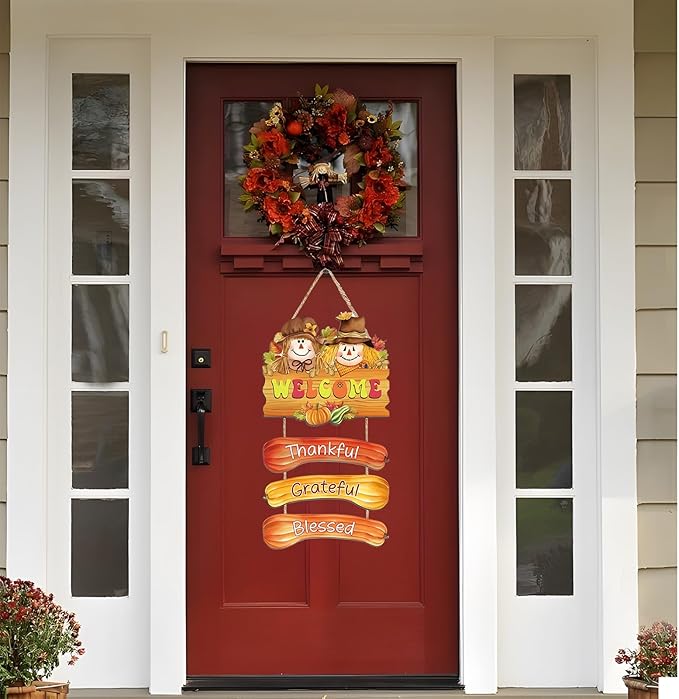 BWFY Fall Decorations for Home Thanksgiving Signs Autumn Home Decor Wooden Farmhouse Thanksgiving Decoration Indoor Harvest Sign Door Hanger for Outdoor Farmhouse Porch Front Door