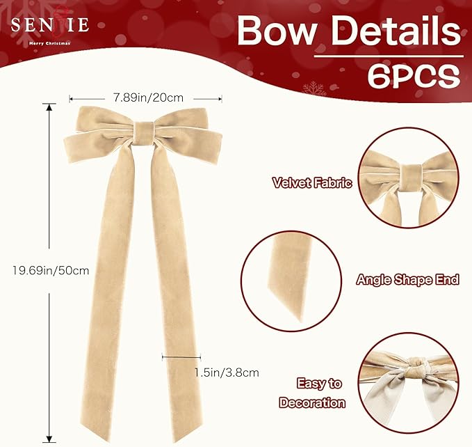 Senjie Velvet Large Christmas Bows for Staircase Garland Wreath, 20in x 8in Vintage Ribbon Bows with Twist Tie for Xmas Tree Holiday Indoor Outdoor Decorations (6Pcs, Khaki)