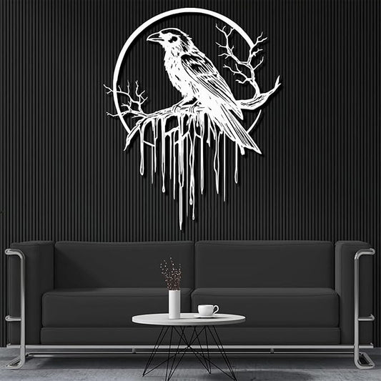 Crow Metal Wall Decor, Raven Wall Art, Large Gothic Raven Decor Hangings, Bird Wall Decor, Metal Tree Branch Decor, Ravens Sign, Raven Art for Living Room (White, 35"x28" | 90x72cm, metal wall art)