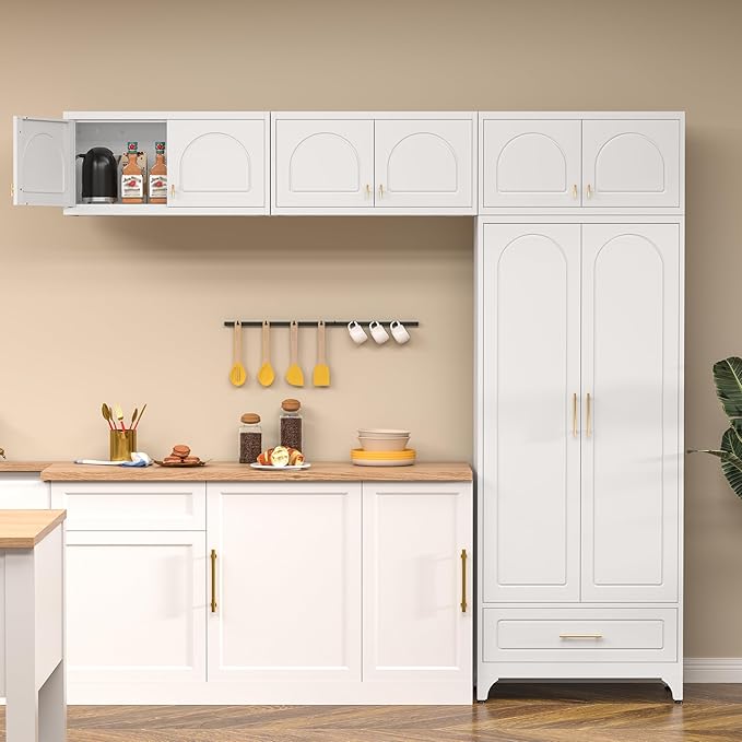 Kitchen Cabinet, 90" Tall Metal Pantry Cabinet, Freestanding Cupboards with One Drawer, Food Storage Cabinets for Dining, Living Room, White, 16" D x 32" W x 90" H, Assembly Required