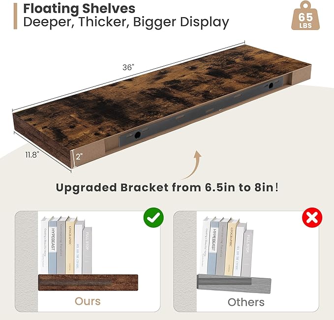 Heimlove 12" Deep Floating Shelves, 36 x 12 Inch Wall Mounted Long Floating Shelf with Invisible Brackets, for Home Decor, Bedroom, Kitchen, Living Room, Bathroom - 2 Pack, Rustic Brown