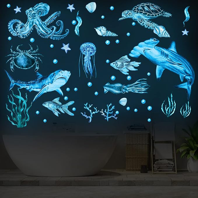 Sabary 4 Pieces Glow in The Dark Ocean Wall Decals Under The Sea Wall Decals Fish Stickers PVC Sea Animals Stickers for Room Living Room Nursery Bathroom Decoration