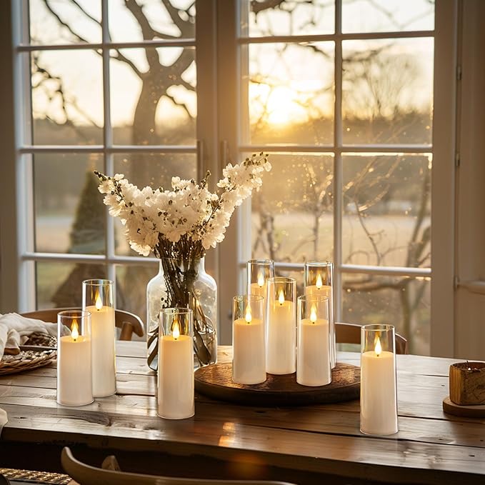 Amagic Pure White Flameless Candles, 9 Pack Battery Operated Candles with Remote and Timer, Acrylic Flickering Electric LED Candles for Wedding, Holiday Decor, D2.2''xH5''6" 7", Warm Yellow Glow
