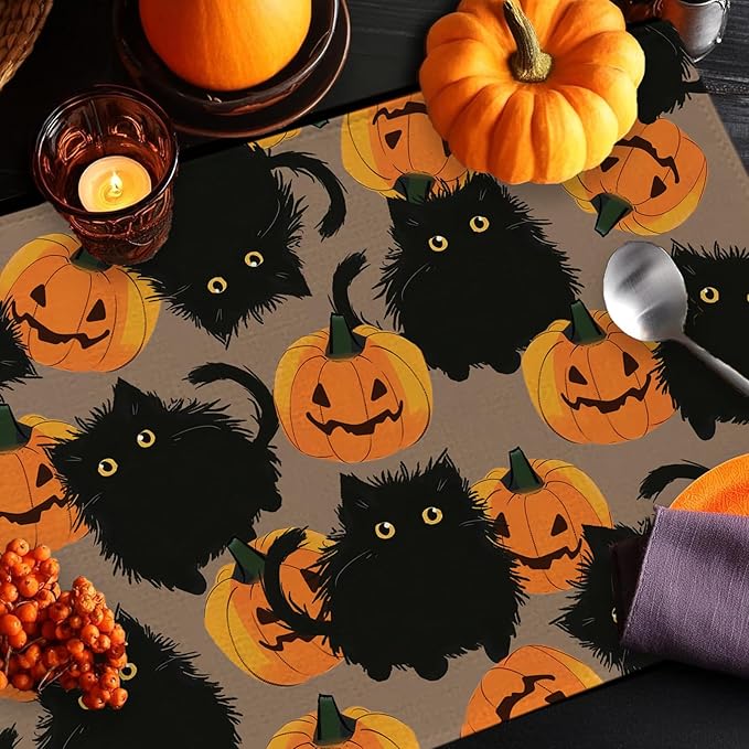 Halloween Placemats Cat Pumpkin Set of 4 Table Mats Seasonal Cute Home Party Kitchen Dining Table Decorations