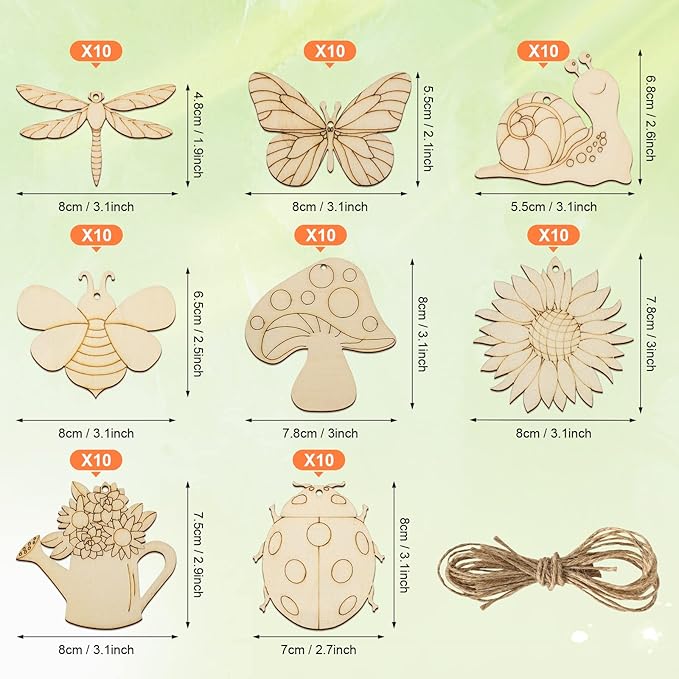 80PCS Wooden Spring Ornaments to Paint, 8 Styles DIY Blank Unfinished Wood Cutouts Ornament for Home Crafts Hanging Decorations, Insect Dragonfly Butterfly Snail Watering Can Mushroom Flower Shape