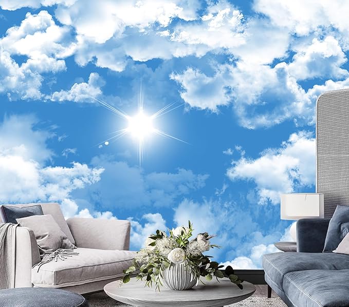 AFZEVEB-Ceiling Mural Blue Sky White Clouds Wallpaper for Living Room 159"x107"(Not Peel and Stick)