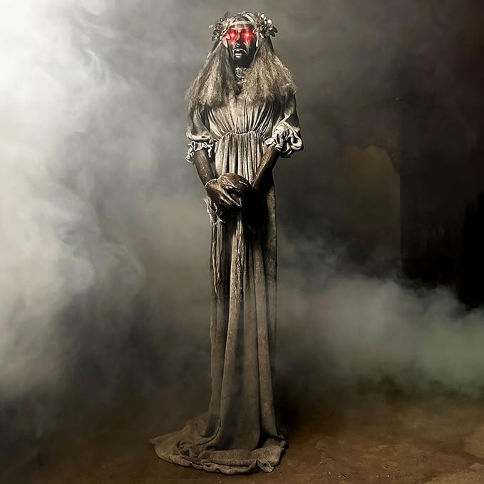 Haunted Hill Farm Lifesize Animatronic Scary Haunted Lady Statue with Touch Activated Lights and Sound, Battery-Operated Indoor or Covered Outdoor Halloween Decoration