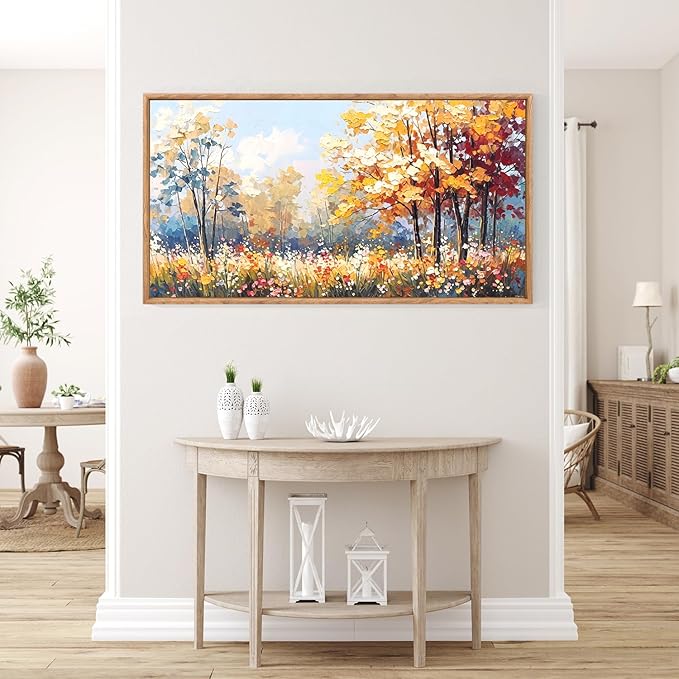 Aurlan Forest Wildflowers Landscape Hand Painted Framed Wall Decor(40"x20"), Vintage Nature Yellow Leaves Scenery 3D Textured Canvas Oil Painting, Classical Watercolor Floral Wall Art for Living Room Bedroom