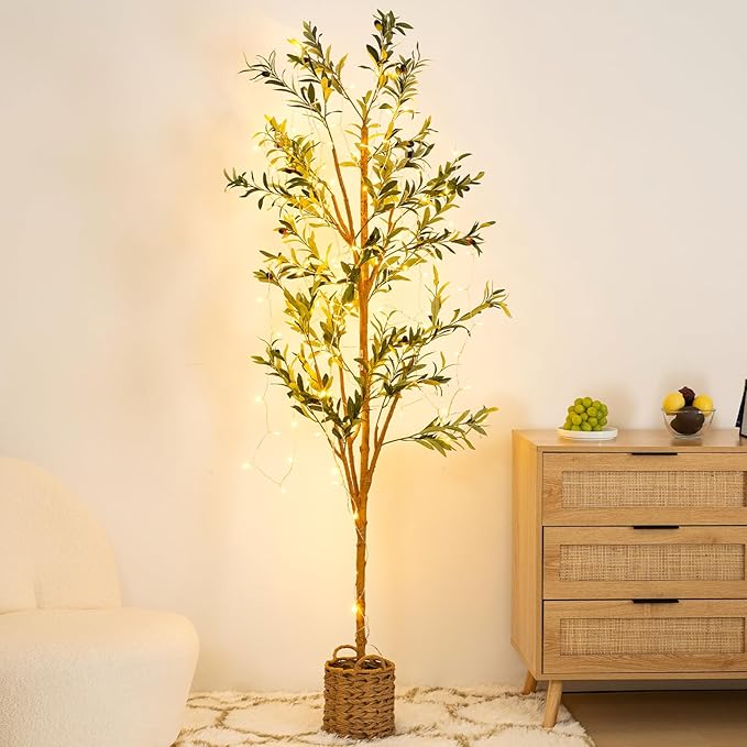 6ft Artificial Olive Tree with LED Fairy Lights, Tall Faux Potted Plant with Woven Basket - Natural Wooden Trunk & Lifelike Leaves & Fruits for Indoor Home Office Foyer Decor Housewarming Gift