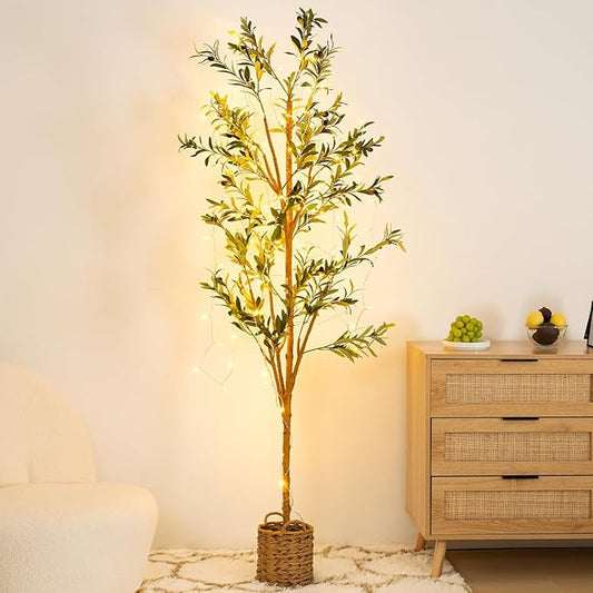 6ft Artificial Olive Tree with LED Fairy Lights, Tall Faux Potted Plant with Woven Basket - Natural Wooden Trunk & Lifelike Leaves & Fruits for Indoor Home Office Foyer Decor Housewarming Gift