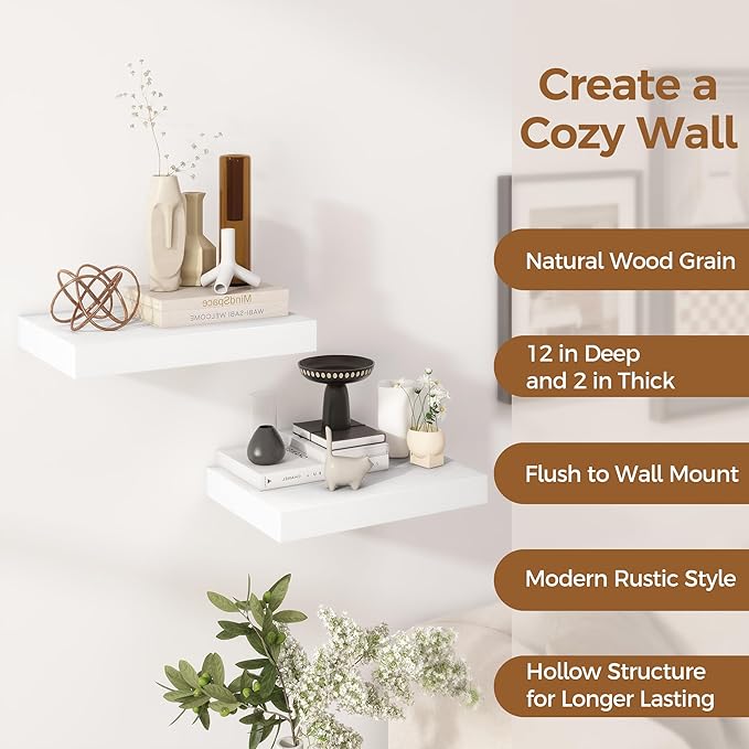 12 Inch Deep White Floating Shelves, 16 x 12 Floating Shelf for Books, Rustic Wood Deep Wall Shelves for Home Storage & Display, 2" Thicked Shelves for Kitchen, Living Room, Bedroom, 2 Pack