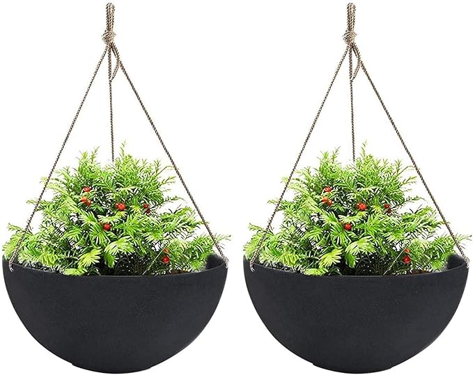LA JOLIE MUSE Hanging Planters for Outdoor Plants, Large Hanging Planter with Drain Holes, Black Hanging Flower Pots (13.2 Inch, Set of 2)