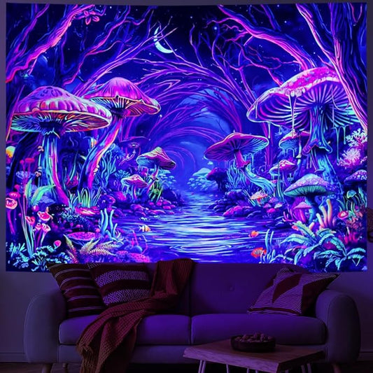 Yuiqear Blacklight Forest Tapestry UV Reactive Mushroom Tapestries Fantasy Landscape Wall Decor Aesthetic Plant Floral Tapestry Wall Hanging for Bedroom