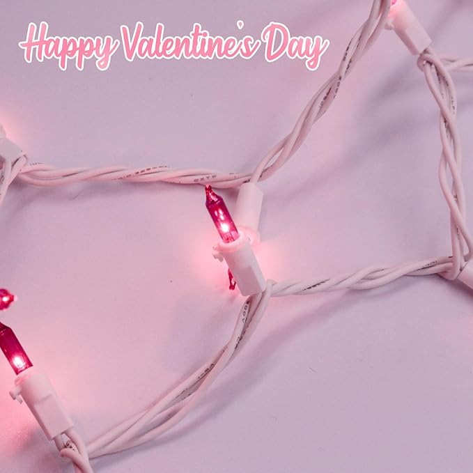 Pink Christmas Lights 25FT 100 Incandescent Bulbs, Pink Mini Lights with White Wire for Valentine's Day, Wedding, Garland, Thanksgiving, Party, Home, Indoor & Outdoor Festival Xmas Decoration
