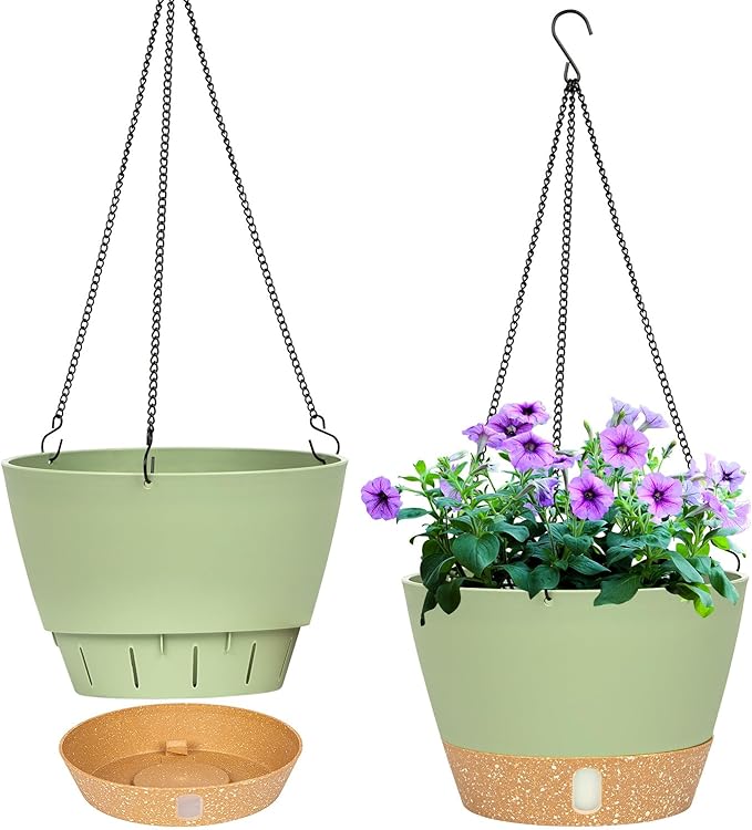 QCQHDU 2 Pack Hanging Planters for Indoor Outdoor Plants, 8 Inch Hanging Baskets Flower Pots with Reservoir Tray & Visible Water-Level