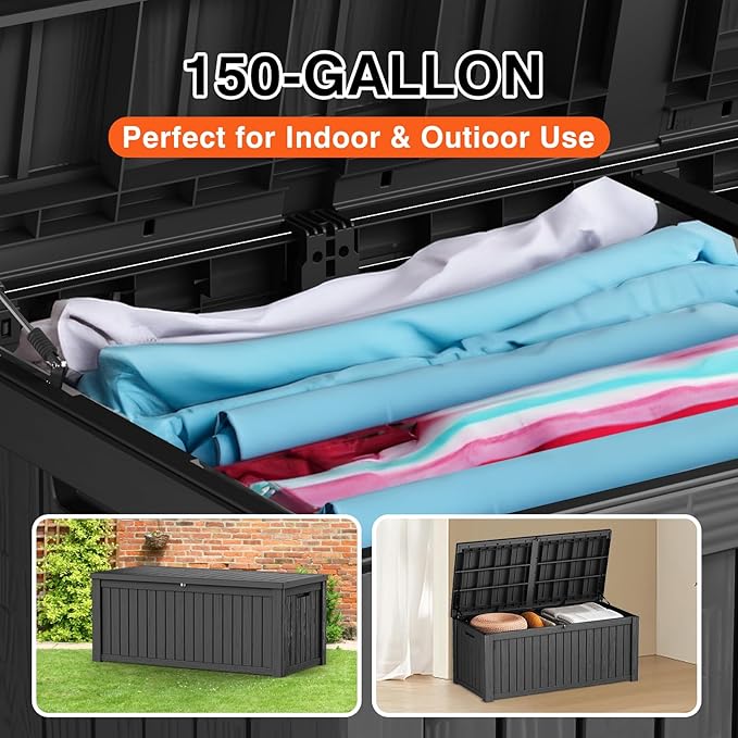 150 Gallon Deck Box Large Outdoor Storage for Patio Furniture,Outdoor Cushions,Garden Tools and Pool Supplies,Waterproof,Resin,Lockable(Black)