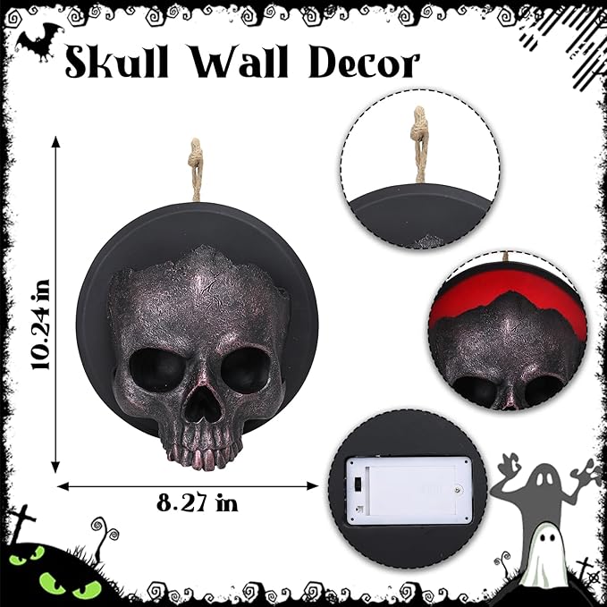 Ovewios Halloween Skull Decorations, Gothic Skeleton Head Hanging Wall Decor, Resin Creepy Skull Led Lights for Indoor Halloween Party Home Decorations
