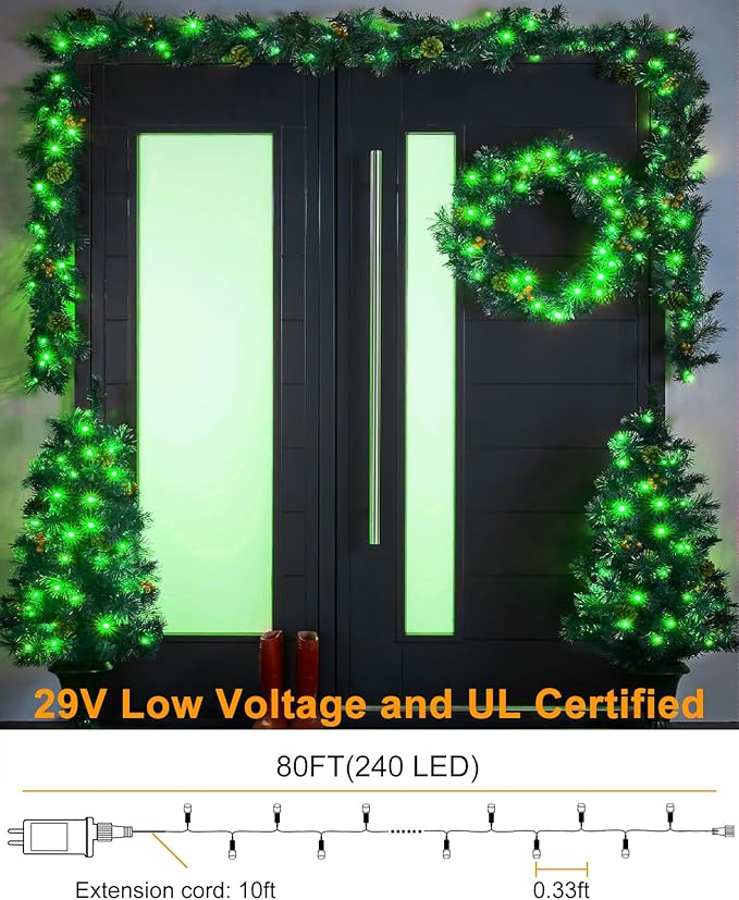 Christmas Lights Outdoor, 80FT 240 LED Christmas Tree Lights, Waterproof & 8 Modes & Timer, Connectable Green Wire String Light for Indoor Home Garden Xmas Party Holiday Decorations, Green