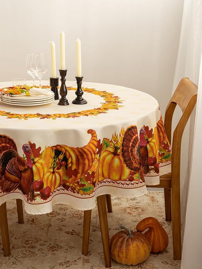 YiHomer Fall Thanksgiving Tabletop Collection for Kitchen Dining Decoration Parties Harvest, Harvest Party, Tablecloth, 70" Round