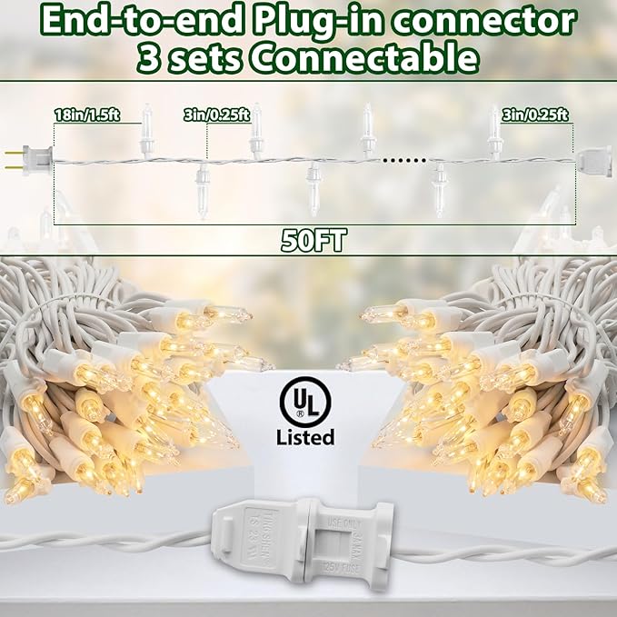 Clear Christmas Lights 50FT 200 Incandescent Bulbs Warm White Mini Lights with White Wire for Christmas Tree, Garland, Thanksgiving, Wedding, Party, Home, Indoor & Outdoor Festival Decoration