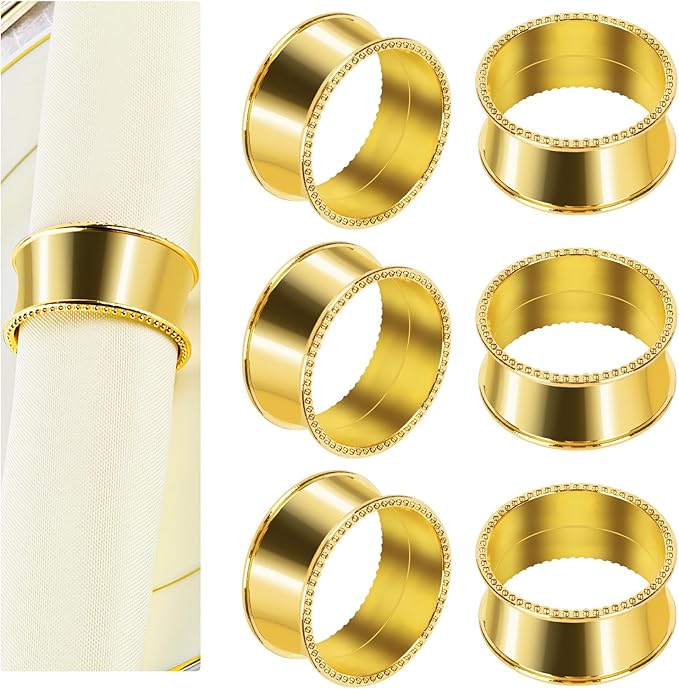 6 Pcs Stainless Steel Bead Side Napkin Rings Delicate Serviette Buckles (Gold)