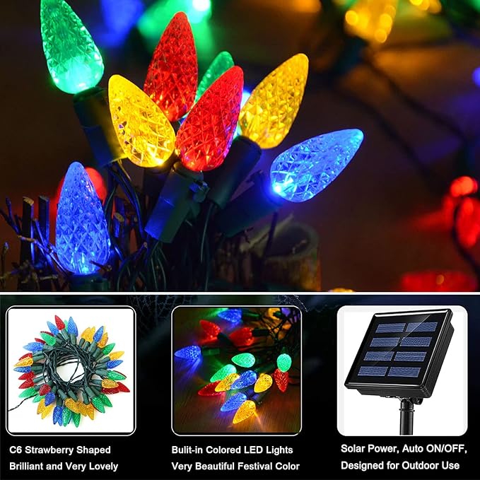 HUGSVIK C6 Solar Christmas Lights Outdoor Waterproof, 21Ft 50LED Strawberry Colored, 8 Modes Solar Powered for Tree Wreath Garland Garden Patio