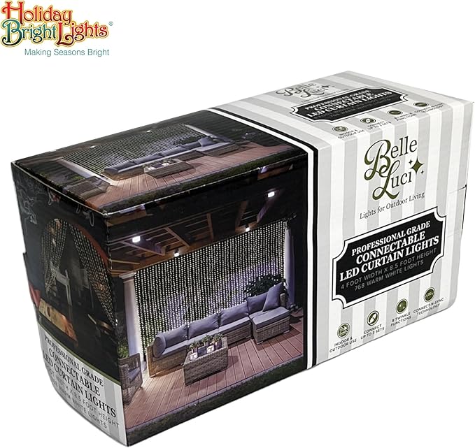 Belle Luci 768-Bulb Warm White Connectable LED Curtain Lights Outdoor Porch Decor 4'X8.5'