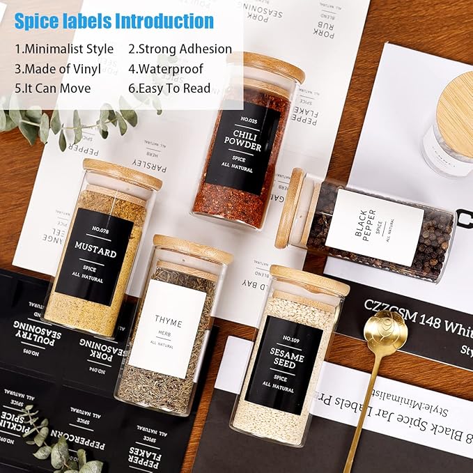 24 Pcs Glass Jars With 296 Spice Labels Preprinted of White and Black Color- 4oz Thicken(2.4mm) Empty Small Herb Seasoning Containers With Bamboo Airtight Lids