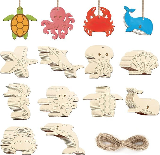 80PCS Wooden Sea Ornaments to Paint, 10 Styles DIY Blank Unfinished Wood Ocean Whale Seahorse Octopus Starfish Dolphin Turtle Shark Crab Cutouts Ornament for Crafts Hanging Decorations Summer