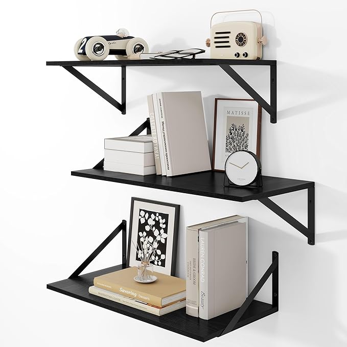 Heimlove 24" W x 12" D Wall Shelves for Books, 12 Inch Deep Floating Shelves Set of 3, Wide Floating Bookshelf with Metal Bracket for Living Room, Kitchen, Office, Bedroom and Decor Storage - Black