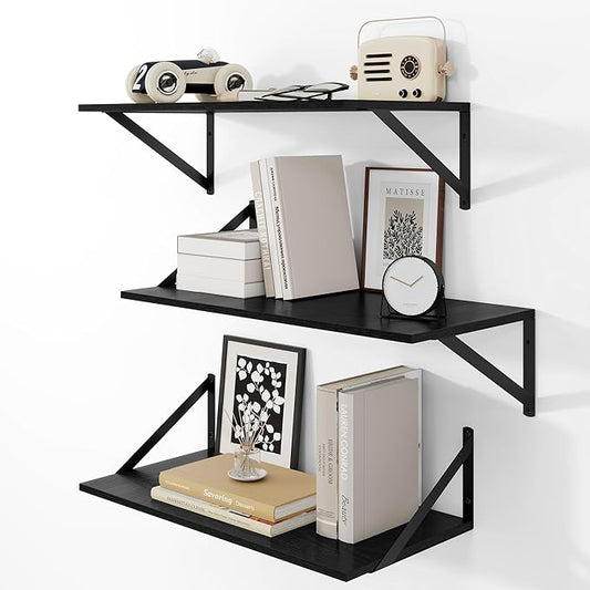 Heimlove 24" W x 12" D Wall Shelves for Books, 12 Inch Deep Floating Shelves Set of 3, Wide Floating Bookshelf with Metal Bracket for Living Room, Kitchen, Office, Bedroom and Decor Storage - Black