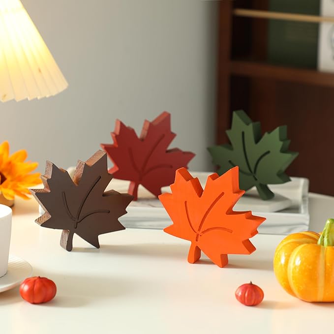4pcs Fall Leaves Decorations Farmhouse Thanksgiving Table Decor Centerpiece Wooden Maple Leaf Signs Block for Autumn Harvest Tiered Tray Party Shelf Display