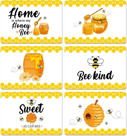 Honey Bee Placemats Set of 6 Summer Plastic Table Mats Yellow Bee Theme Placemats Washable Farmhouse Rustic Holiday Table Decoration for Indoor Outdoor Party Kitchen Dining
