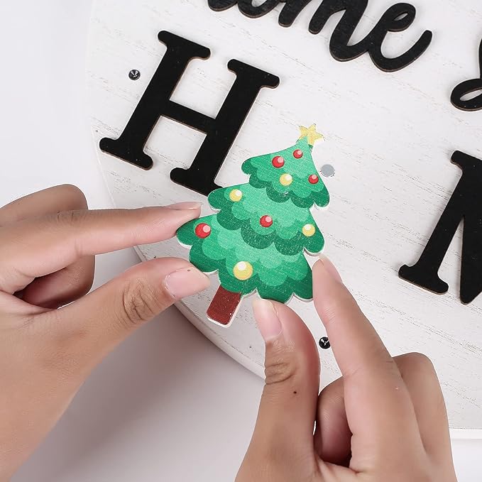 Interchangeable Welcome Sign for Front Door with 14 Changeable Icons, Farmhouse Front Porch Decor Rustic Wooden Wall Sign with 12 LED Lights, Outdoor Seasonal Welcome Home Decorations (White1)