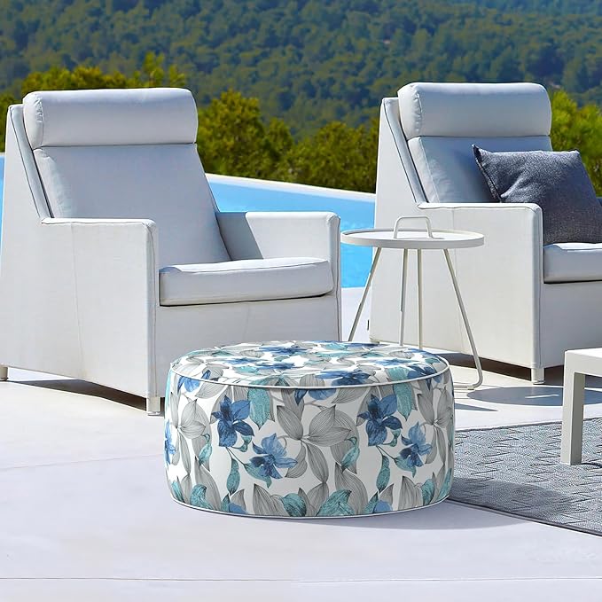 LVTXIII Outdoor/Indoor Inflatable Ottoman, All Weather Round Footrest Stool with Handle D31”x H14”, Portable Pouf for Patio Garden Camping or Home Decoration, Clemens Noir Blue