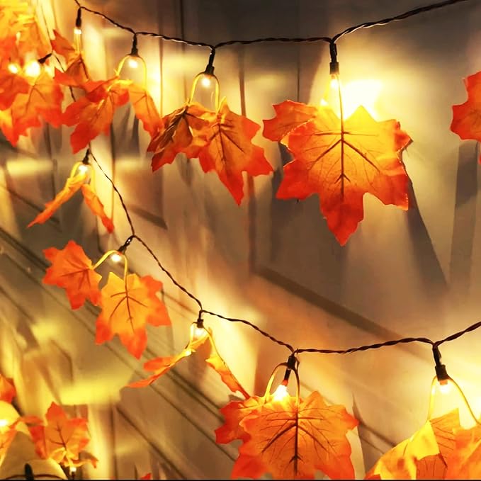 Timer & Thicker Leaves - 2 Pack Fall Garland with Lights Fall Hallowen Decorations Indoor Total 80 Leaves 40LED 13Ft Battery Operated Halloween Garland Thanksgiving Decor Home Indoor Outdoor Christmas