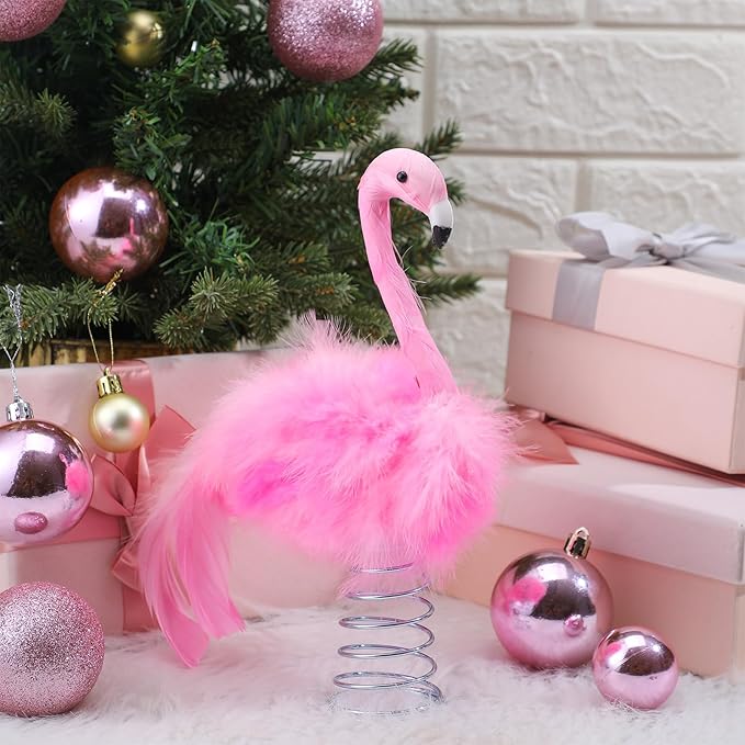 Retisee Flamingo Christmas Tree Topper Artificial Feather Flamingo Christmas Flamingo Tree Topper Decoration Pink Flamingo Decoration for Christmas Garden Indoor Outdoor Holiday Ornament Party