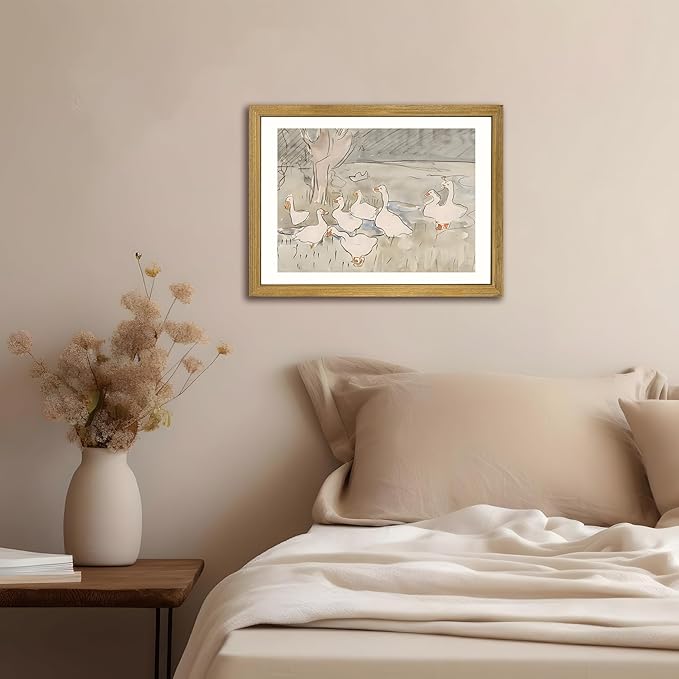Vintage Framed Goose Wall Art Watercolor Print, Rustic Farm Duck Decor Canvas Painting, Minimalist Pastoral Poster Picture, Country Cottage Wall Decor for Living Room Kitchen Bathroom Bedroom 16x24 in