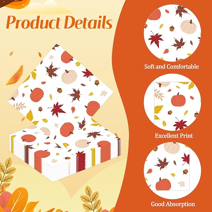 50 Pcs Fall Napkins 5 x 5 inch, 3 Ply Pumpkin Maple Leaves Paper Napkins Disposable Holiday Cocktail Napkins for Dinner Bathroom Autumn Thanksgiving Party Decorations (Fall)