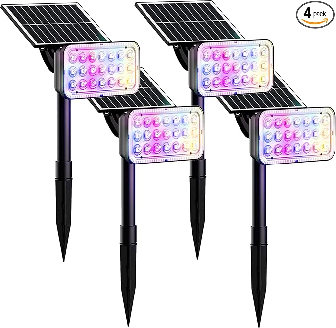 JACKYLED Solar Spot Lights Outdoor, 84 LED 7 Color Changing Solar Lights Outdoor Waterproof with 9 Modes, 360 Adjustable Landscape Spotlights for Halloween Xmas Decorations, Yard, Garden, Path, 4 Pack
