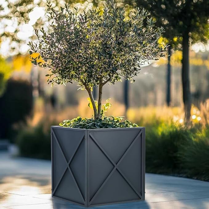 BAYN Metal Square Planter Box Tall Planters for Outdoor Plants Modern Heavy Duty with Drainage Holes for Outside Indoor Patio Deck - Grey, 17”x 17”x 18”
