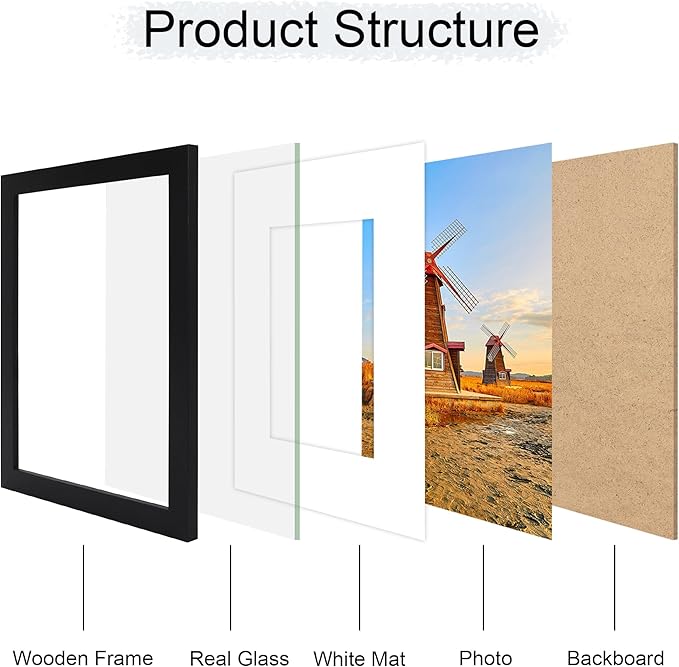 8x10 Picture Frame Set of 4, 8 x 10 Wood Photo Frames with Mat for 5x7, Wooden Frame with Real Glass Cover for Wall and Tabletop Display,Black